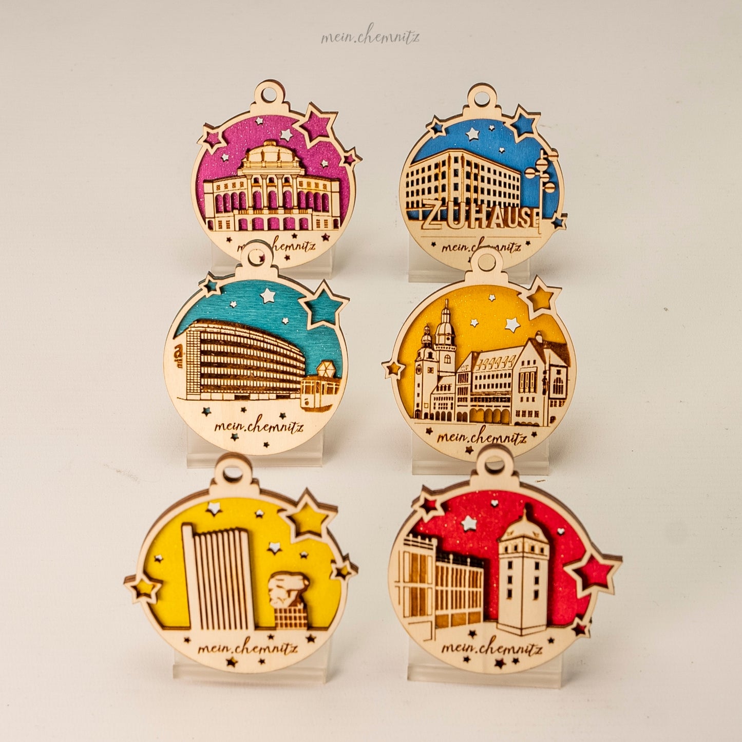 6 er Set - Holzschmuck mit Chemnitzer Wahrzeichen